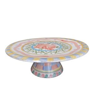 World Bazaars Hand Painted Ceramic Cake Stand Pastel Floral Pedestal Plate